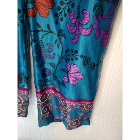 Natori Floral Pajama Pants Womens S Teal Silky Sleep Lounge Wear Cropped Pull On - Picture 3 of 9